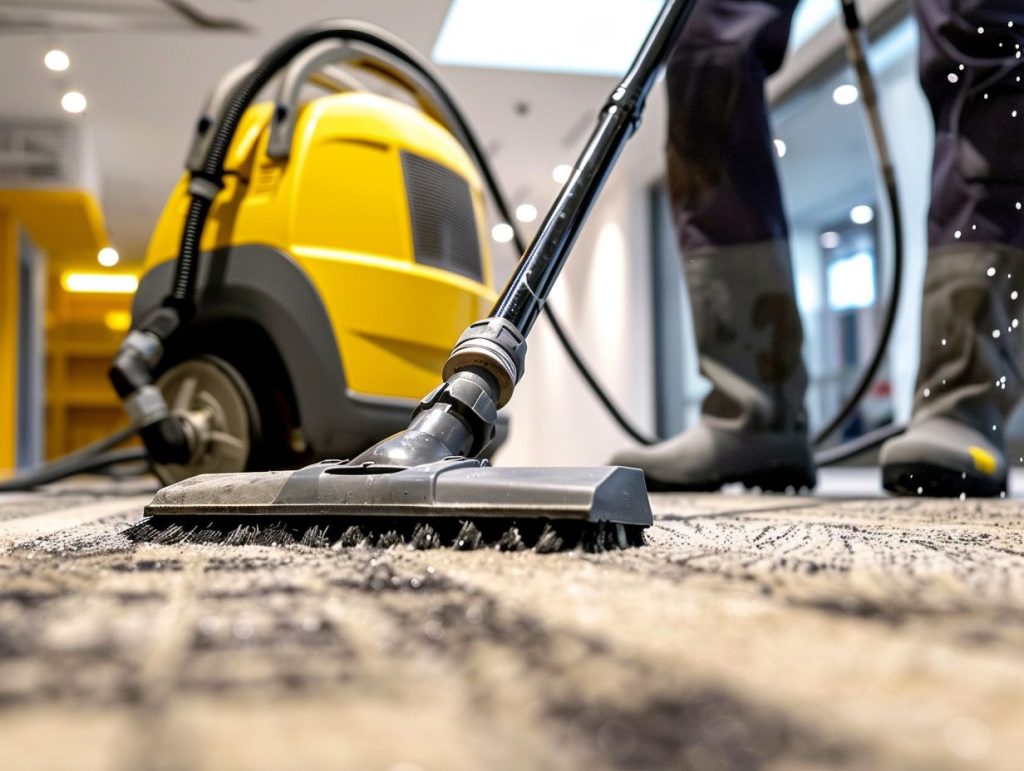 A professional cleaner performing a VLM carpet-care procedure with heavy-duty equipment
